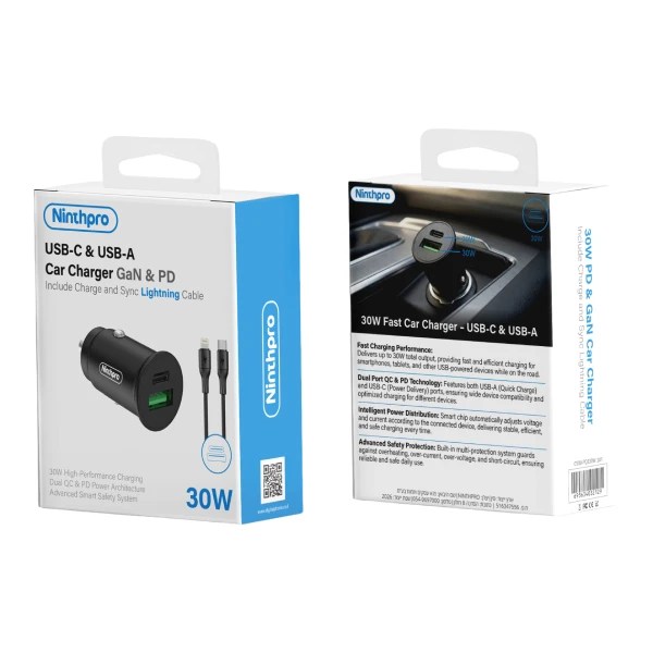 Ninthpro Car Charger 30W USB/USB-C To Lightning סט מטען רכב מבית Ninthpro