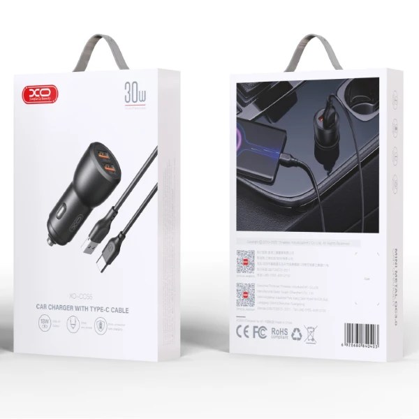 מטען רכב QC18W + USB12W USB To Type-C מבית XO