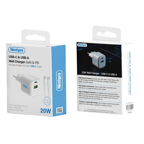Ninthpro Wall Charger 20W USB/USB-C To USB-C סט מטען קיר מבית Ninthpro