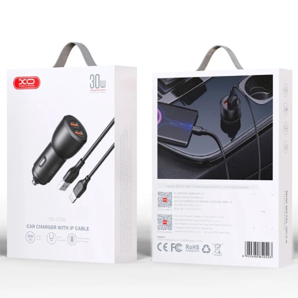 מטען רכב QC18W + USB12W USB To Lightning מבית XO