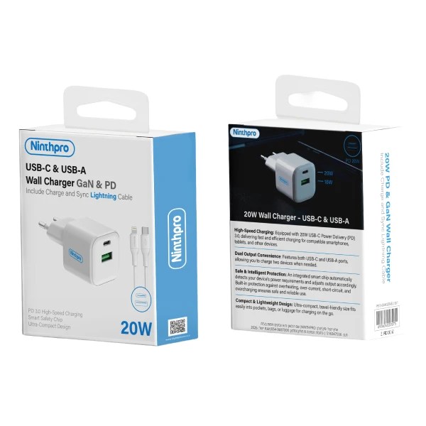 Ninthpro Wall Charger 20W USB/USB-C To Lightning סט מטען קיר מבית Ninthpro