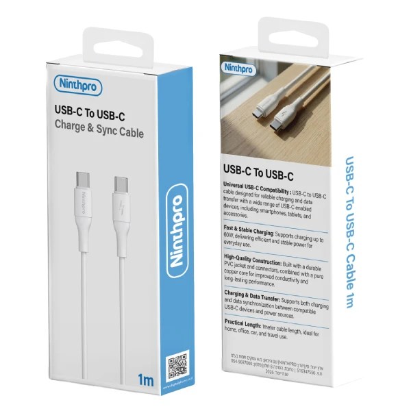 Ninthpro Cable USB-C To USB-C כבל טעינה ונתונים 1 מטר מבית Ninthpro
