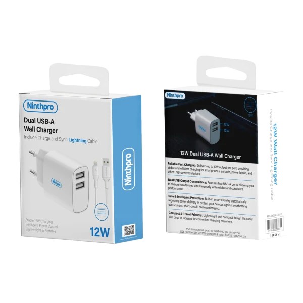 Ninthpro Wall Charger 12W USB To Lightning סט מטען קיר מבית Ninthpro