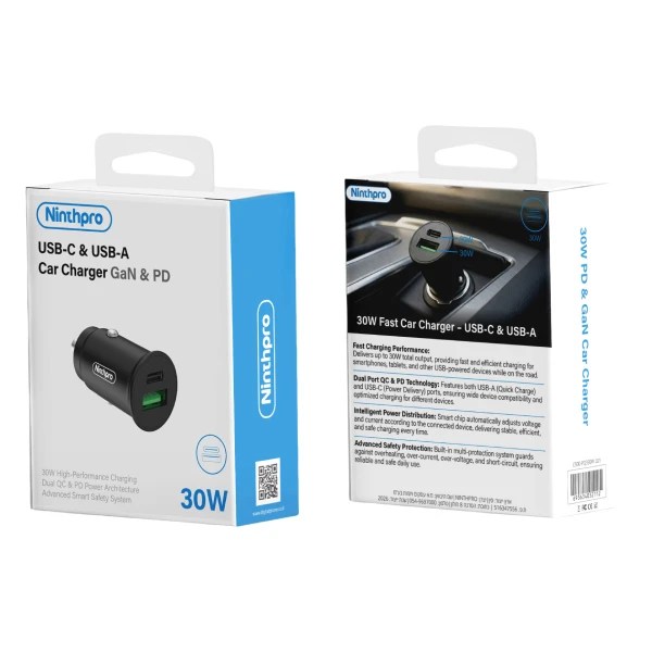 Ninthpro Car Charger 30W USB/USB-C ראש מטען רכב מבית Ninthpro