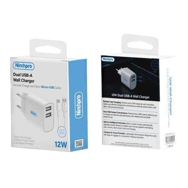 Ninthpro Charger Wall 12W USB To Micro-USB סט מטען קיר מבית Ninthpro