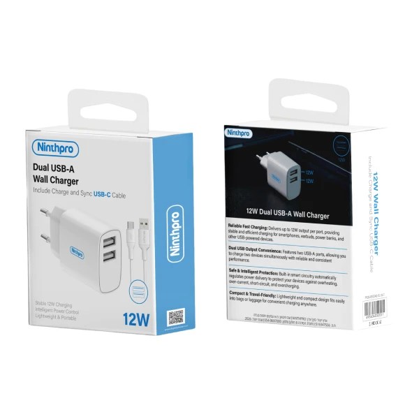 Ninthpro Wall Charger 12W USB To USB-C סט מטען קיר מבית Ninthpro