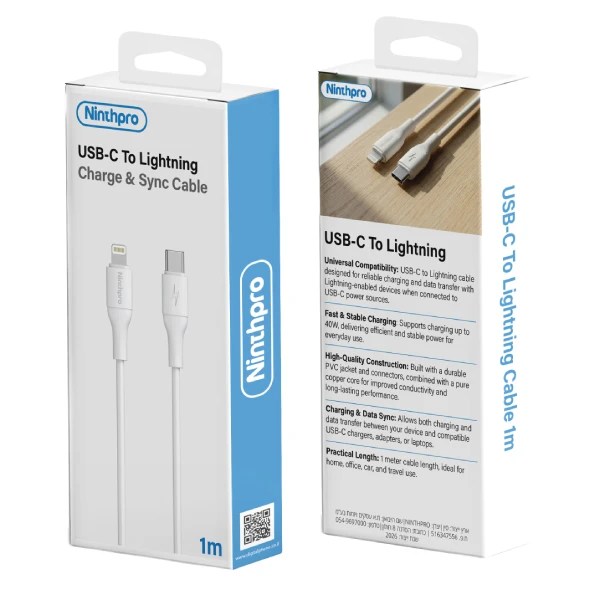 Ninthpro Cable USB-C To Lightning כבל טעינה ונתונים 1 מטר מבית Ninthpro