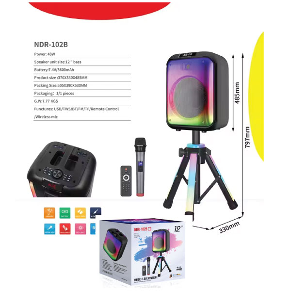רמקול בידורית בלוטוס 12 אינץ’ עם תאורת RGB וסטנד + מיקרופון ושלט – 40W מבית מותגים שונים