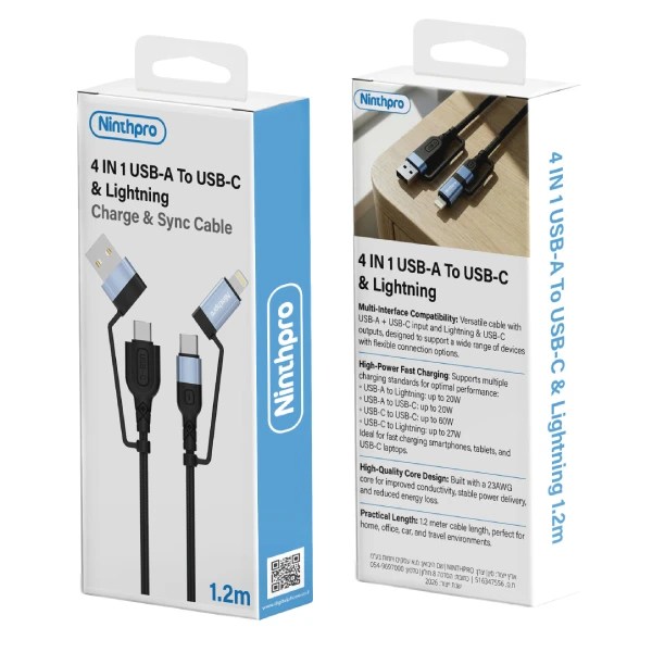 Ninthpro Cable 4IN1 USB/USB-C To C/L כבל טעינה 4 ב-1 מבית Ninthpro