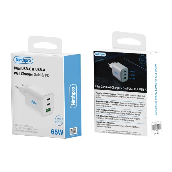 Ninthpro Wall Charger 65W USB/USB-C ראש מטען קיר מבית Ninthpro