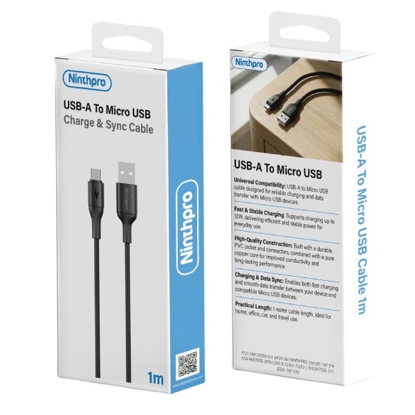 Ninthpro Cable USB To Micro-USB כבל טעינה ונתונים 1 מטר מבית Ninthpro