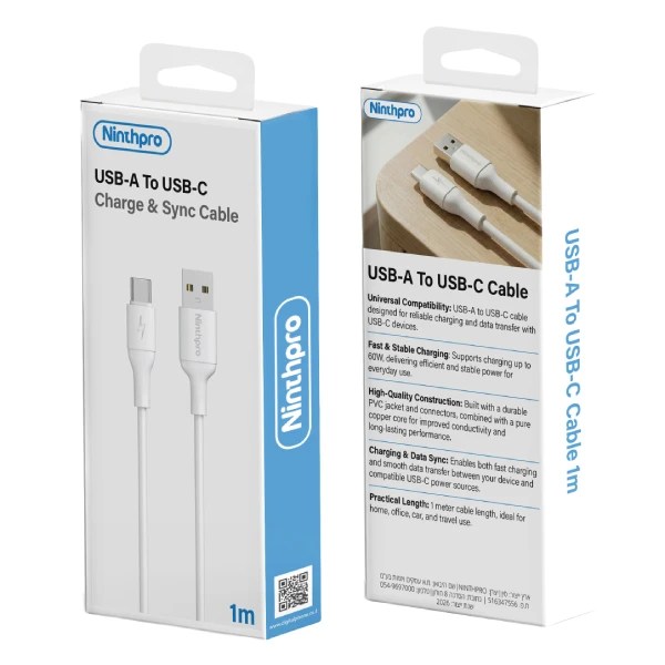 Ninthpro Cable USB To USB-C כבל טעינה ונתונים 1 מטר מבית Ninthpro