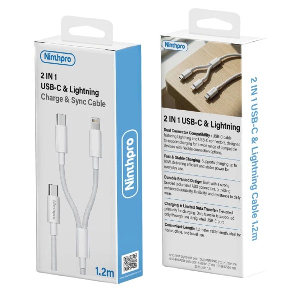 Ninthpro Cable 2IN1 USB-C To C/L כבל טעינה 2 ב-1 מבית Ninthpro