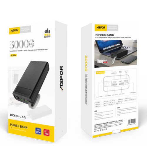 פאוור בנק שחור 30000mAh עם טעינה מהירה ויציאות lightning | micro | type c מבית Apple