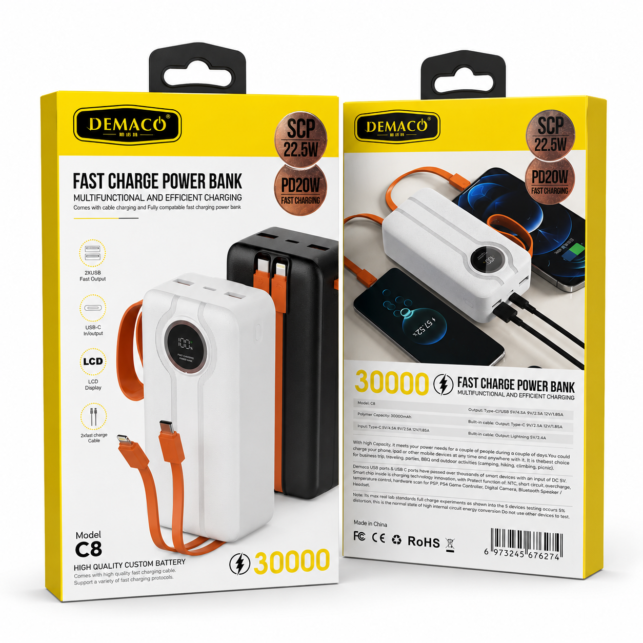 סוללת גיבוי DEMACO C8 בנפח 30,000mAh עם טעינה מהירה 22.5W וכבלים מובנים מבית DEMACO