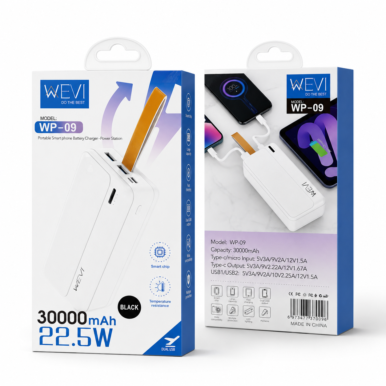 סוללת גיבוי WEVI WP-09 בנפח 30,000mAh עם טעינה מהירה 22.5W ומעמד מבית WEVI